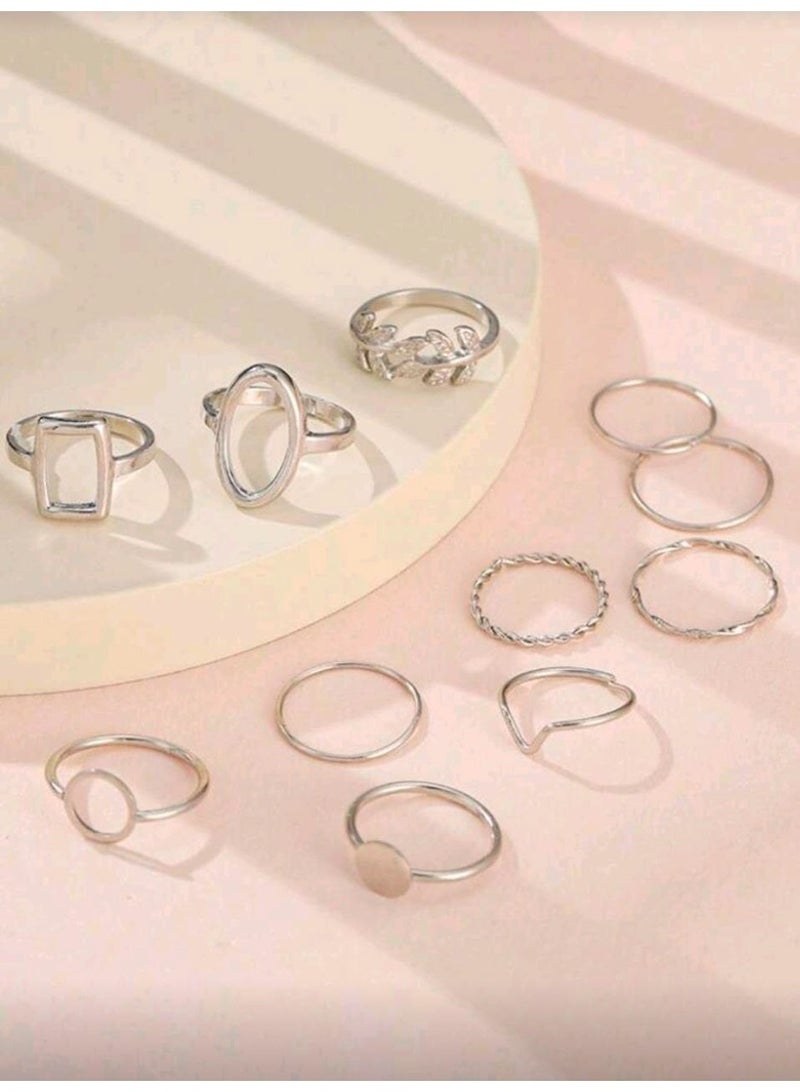 Shein 11pcs/Set Geometric Leaf Design Joint Rings Set For Women, Creative Fashion (Silver) - Image 2